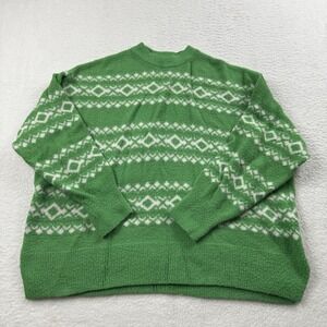 Aerie Sweater‎ Women's Large Green Diamond Print Oversized Preppy Cozy Soft